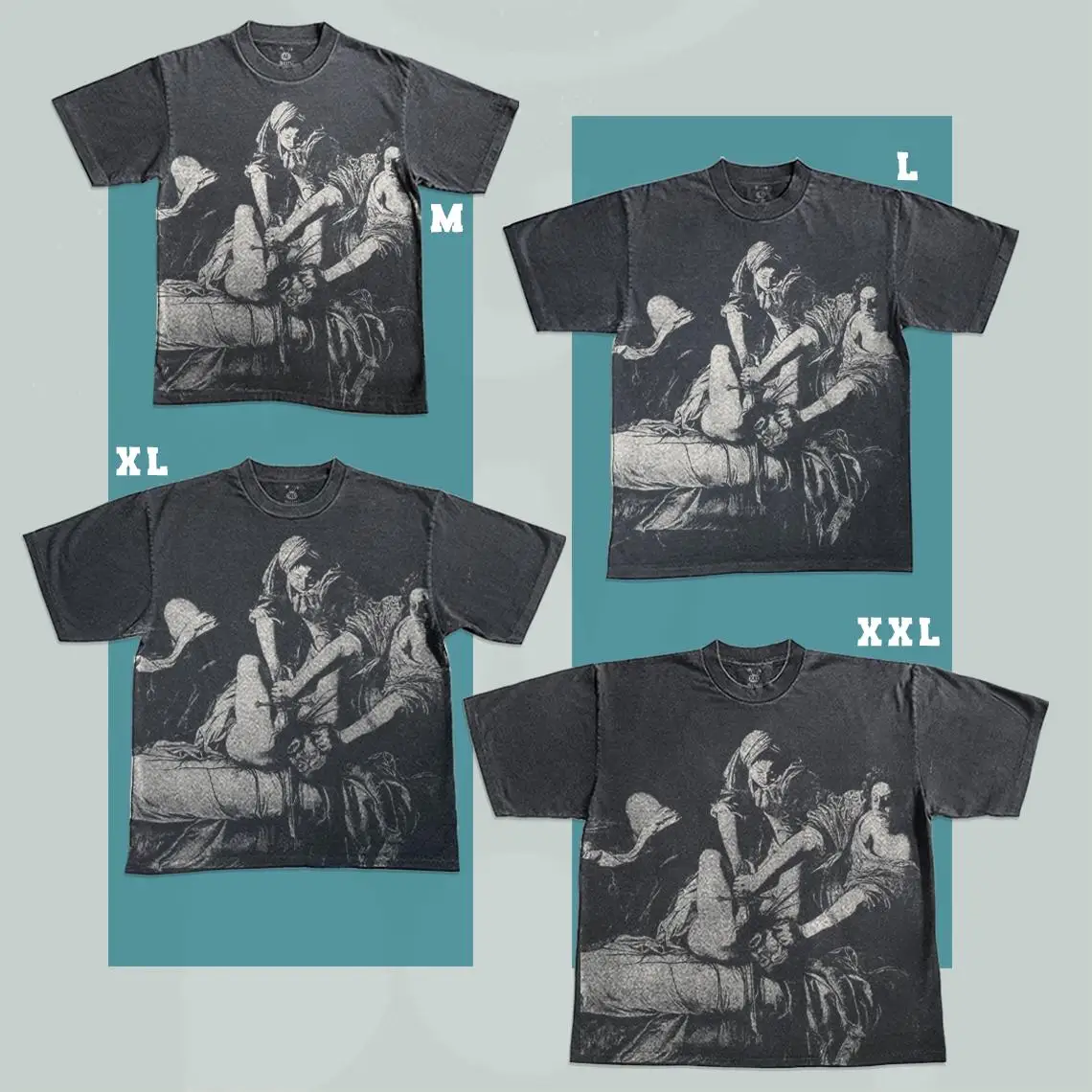 Judith Beheading Holofernes Artemisia Gentileschi Bleached T-Shirt: Faded Black Cotton, Vintage Style Darunee