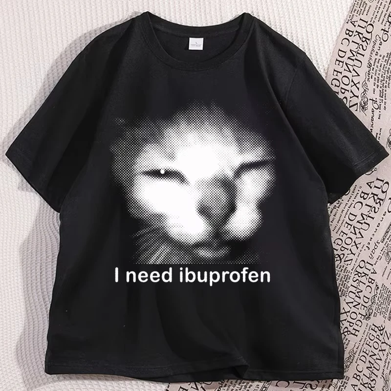 I Need Ibuprofen Cat T-shirts for Women Caual Short Sleeve Funny Vintage Graphic Cat T-shirt Unisex Silly Kitten Tshirt