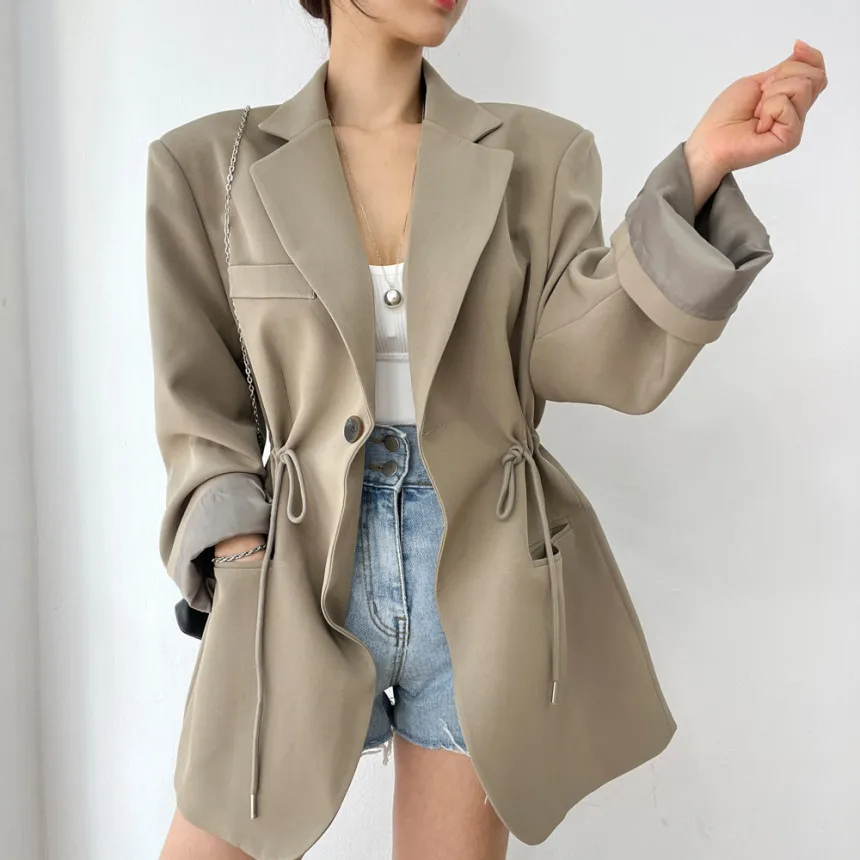 Casual Blazers Vrouwen Vintage Trekkoord Taille Lange Mouw Outerwears Op maat gemaakte Kraag Jassen Vrouwen Tops Office Lady Commuter Chic