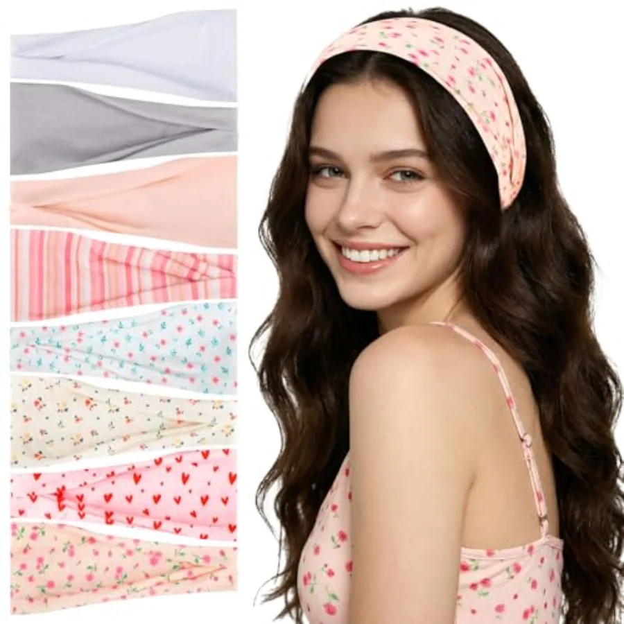 

8 Pack Pink Cute Headbands for Girls Daughter, Floral Stripe Headbands for Summer Outfit Non Slip Wide Headband Beach Gifts