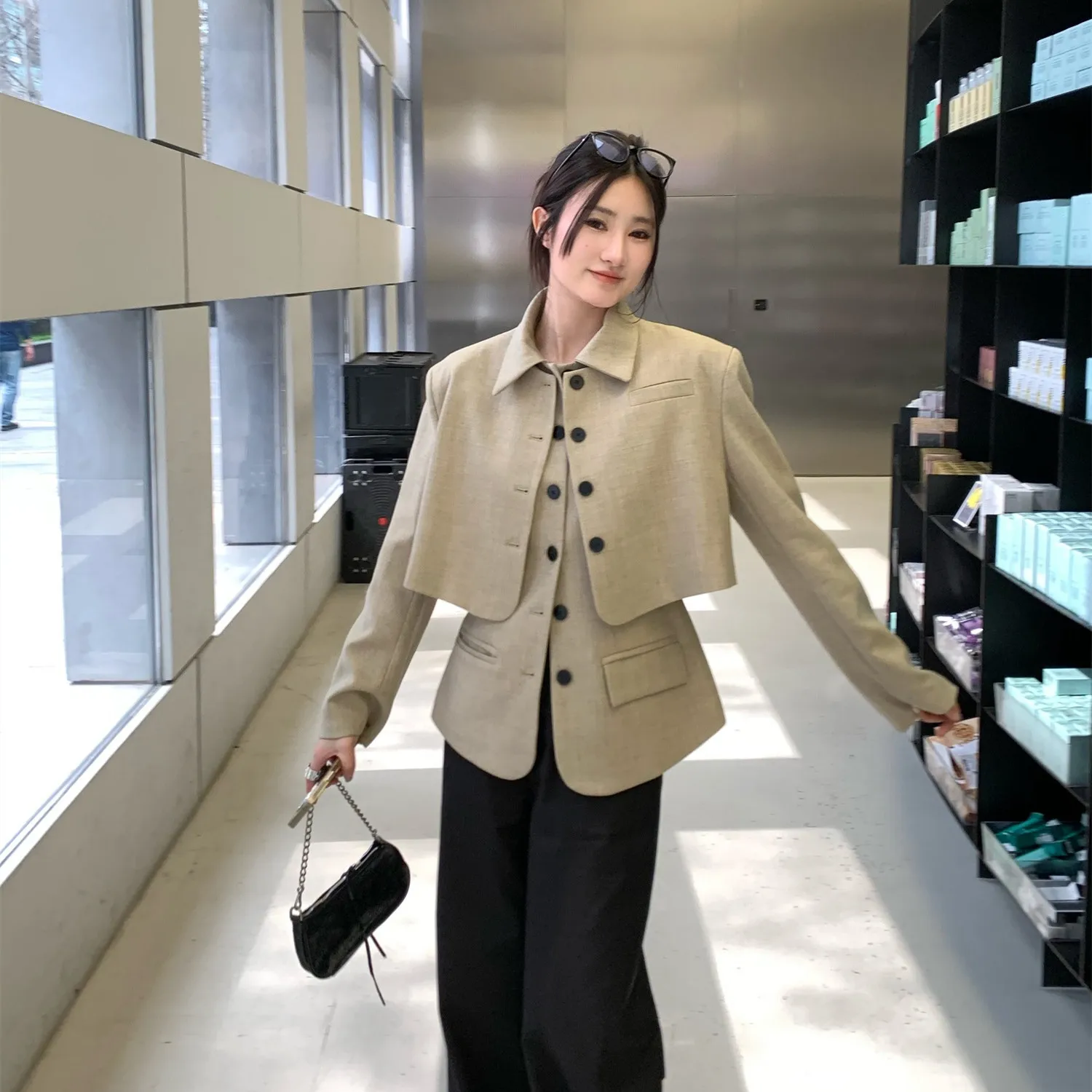 khaki color  Women blzer Set 2 Pcs Formal Office Lady Coat Blazer+Vest