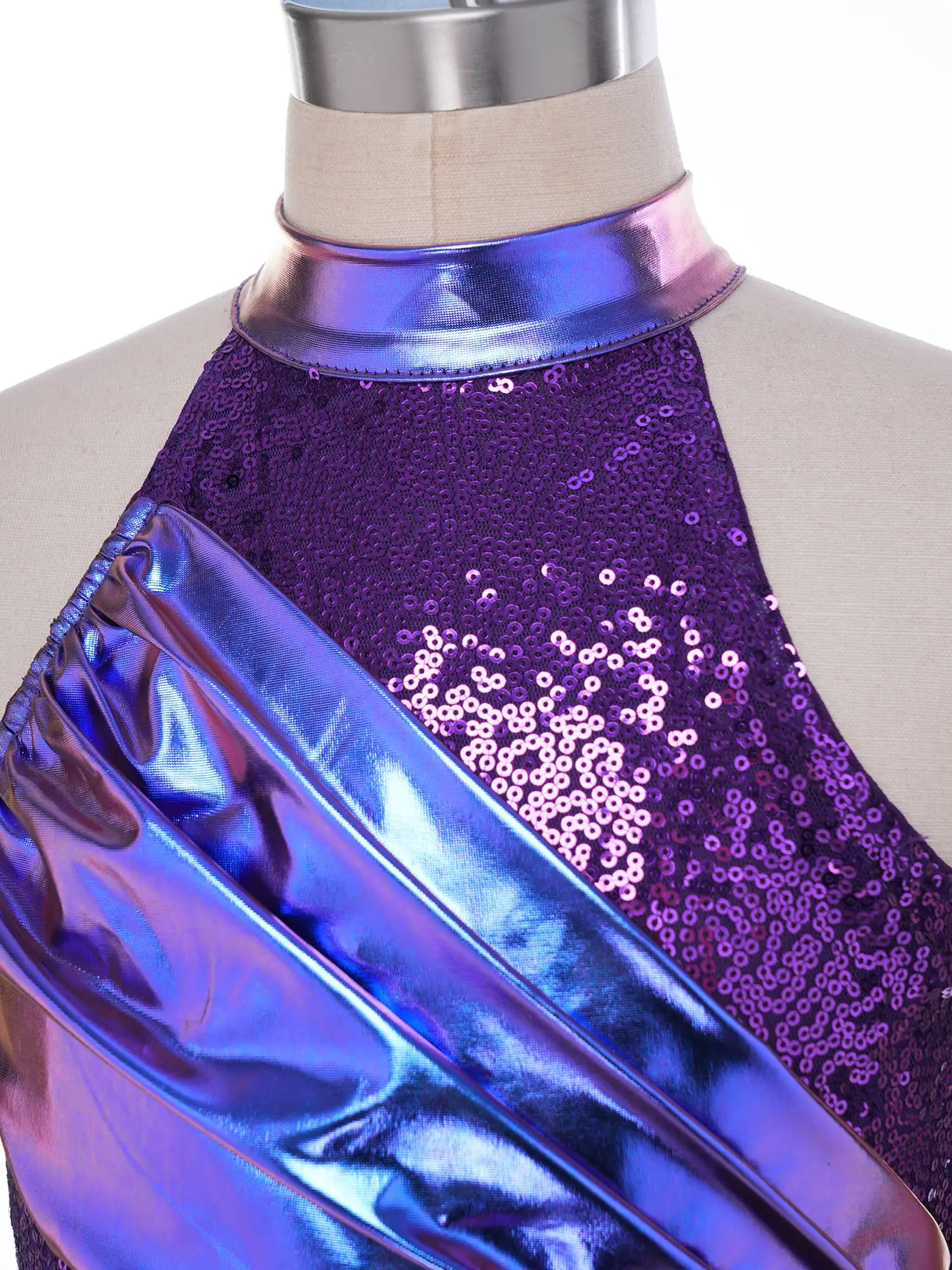 Kids Girls Metallic Flared Pants Rompers Asymmetrical Unitards Jumpsuit Sequined Bodice Ruched Layer Disco Jazz Stage Costume view 5