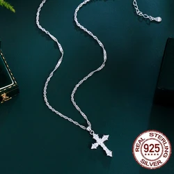 CWWZircons Fine 925 Sterling Silver Shiny Cubic Zircon Cross Pendant Necklace for Women Trendy Party Jewelry Birthday Gift SD007