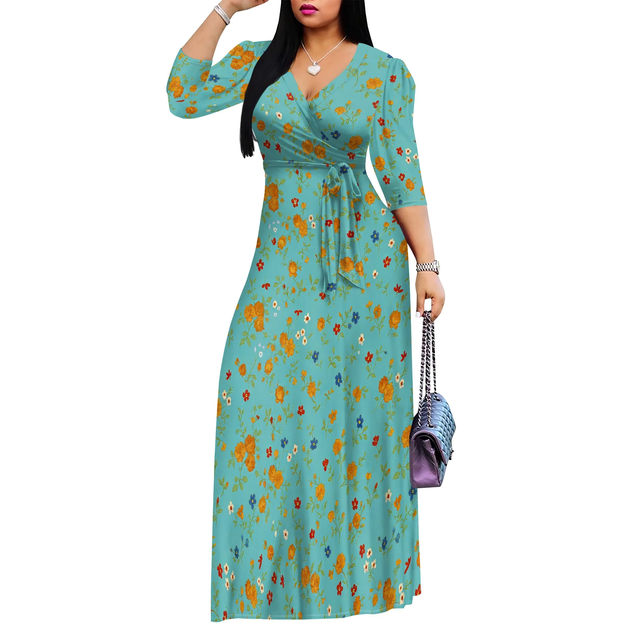 สตรีผีเสื้อพิมพ์ชุดยาว 3/4 Sleeve Wrap V คอลําลอง Flowy Beach Maxi Dresses พร้อมเข็มขัด