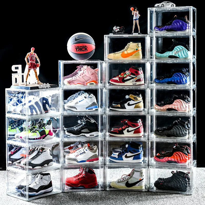 

2 Pack Side-opening Magnetic Home High-top Basketball Shoe Box Plastic Acrylic Transparent Storage Box Display Cabinet