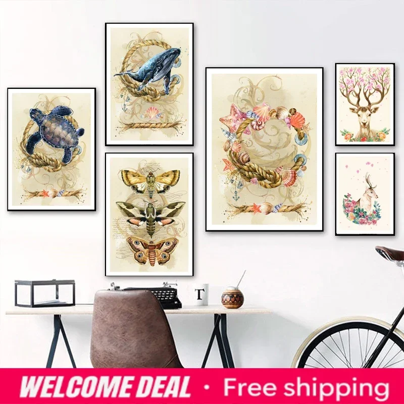 Turtle Whale Reindeer Dreamy Flying Boat Flying Bear Fairy Tale World Poster Wall Art Canvas Painting Kids Room Home Decor