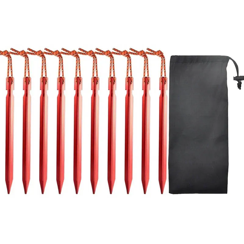 10pcs/Set Aluminum Alloy Ultralight Tent Pegs 18cm Outdoor Camping Ground Nail Reinforce Tent Stakes with Wind Rope Storage Bag