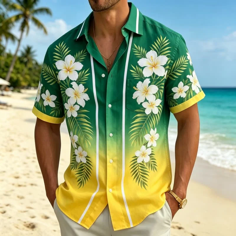 Gradient Tropical Flowers And Minimalist Printed Short Sleeved Shirt With pockets, For Summer Beach Vacations And Daily Travel