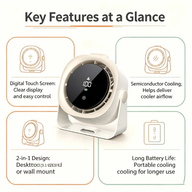 Desktop Circulator Fan Digital Touch Control 2‑in‑1 Stand Wall Hanging Portable Semiconductor Cooling Long Battery Life