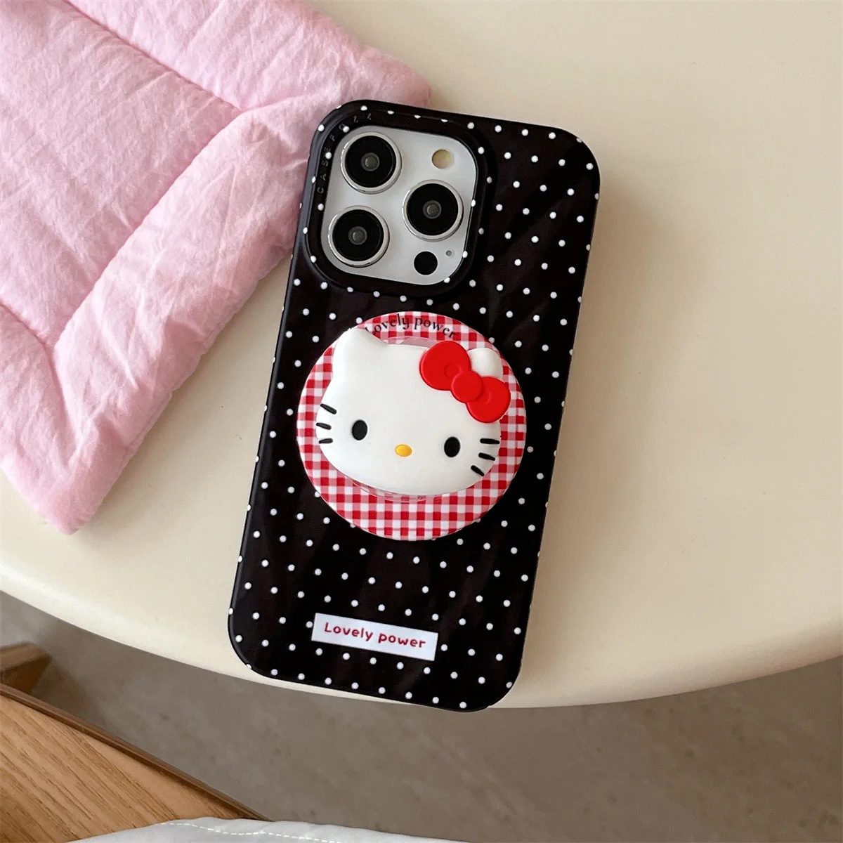 

New polka dot red checkered HelloKitty cat magnetic stand Phone Case For iPhone 16 15 14 13 Pro Max fundas Protective cover case
