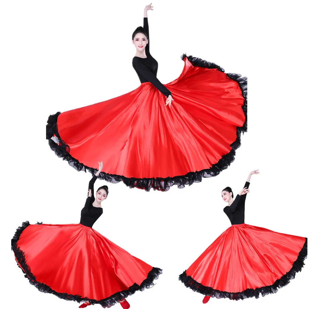 Women Black Red Layers Satin Long Skirt for Spanish Flamenco Belly Dance Gypsy Mexico Ballet Folklorico Performance Costume