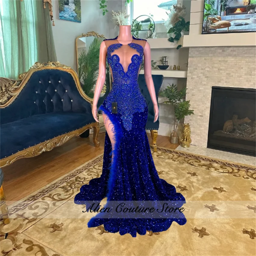 

Customized Royal Blue Prom Dresses 2026 For Back Girls Crystal Rhinestone Party Gowns Sequin Feathers Birthday Dress Vestidos