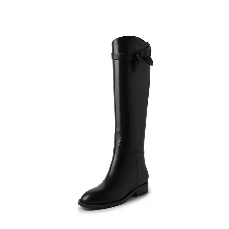 Genuine Natural Leather Wide Leg Black Boots Women Punk Mature Shoes Western Knee-high Riding Equestrian Boot With Metal Lock