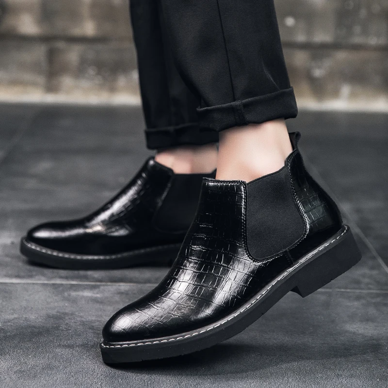 British Style Chelsea Boots Men Mid Calf Dress Shoes Business Formal Ankle Boots Antumn Bota Masculina Leather Shoes Size 38-48