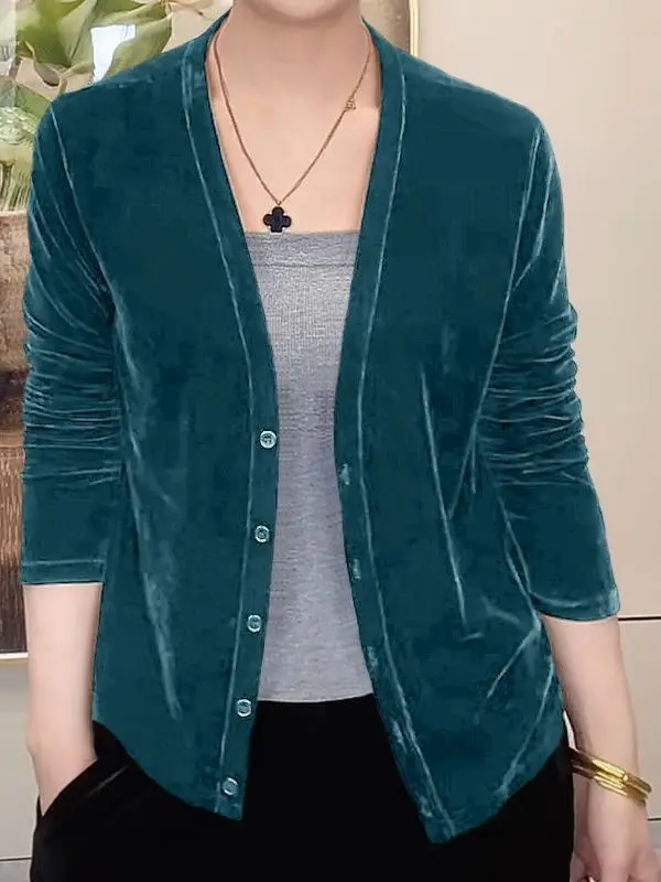plus Size Velvet Simple Open Cardigan Spring Autumn Casual Versatile V-Neck Design Slimming Outerwear Top for Women