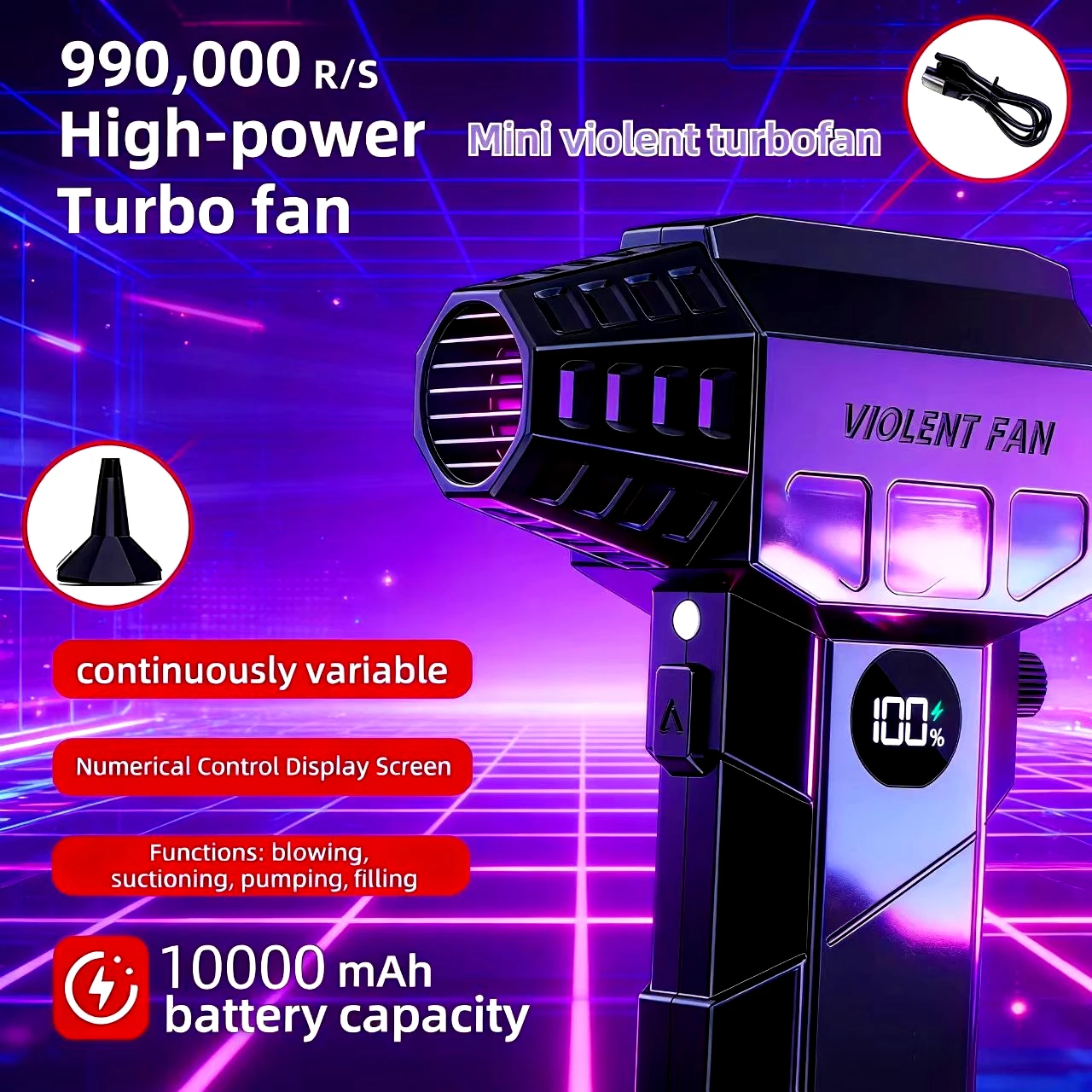 

X5 Blower Powerful Air Blower 10000mAh Turbo Jet Fan With 4 Nozzles Electric Air Duster LED Lighting Brushless Turbo Jet Blower