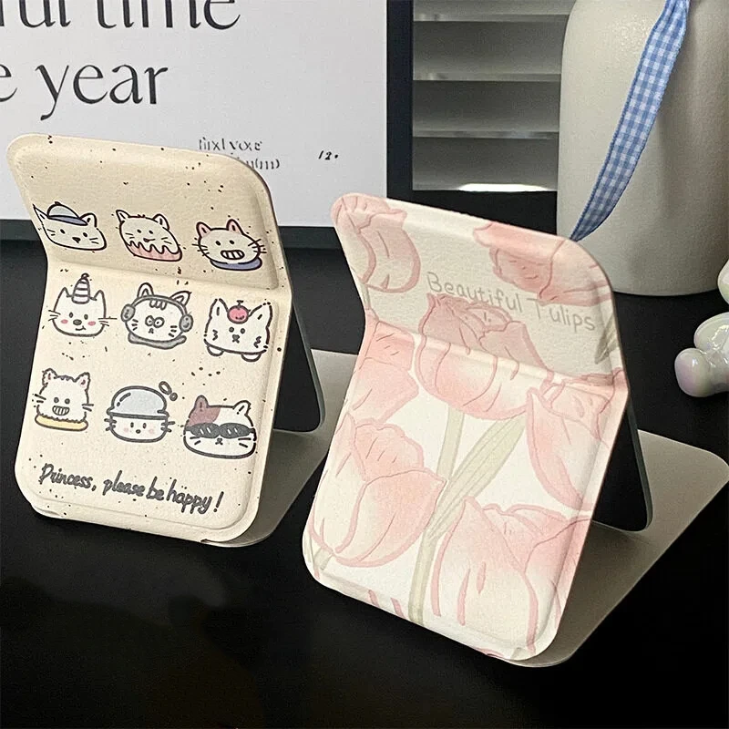 

Desktop Makeup Mirror Solid Color PU Leather Simple Portable Handheld Makeup Mirror Foldable Student Compact Cute Pocket Mirror
