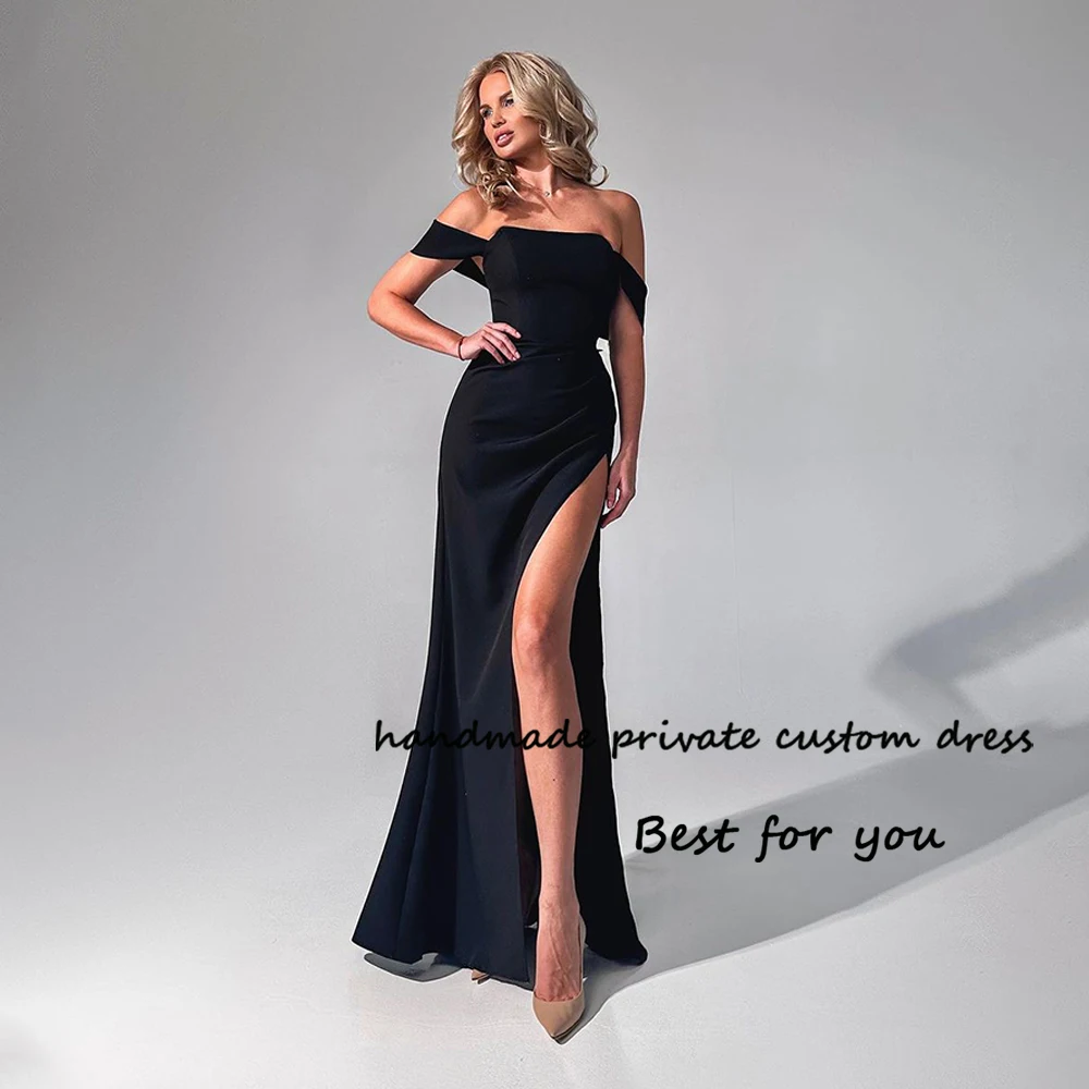 

Black Satin Mermaid Prom Dresses with Slit Off Shoulder Strapless Evening Party Dress Floor Length Womens Formal Prom Gowns