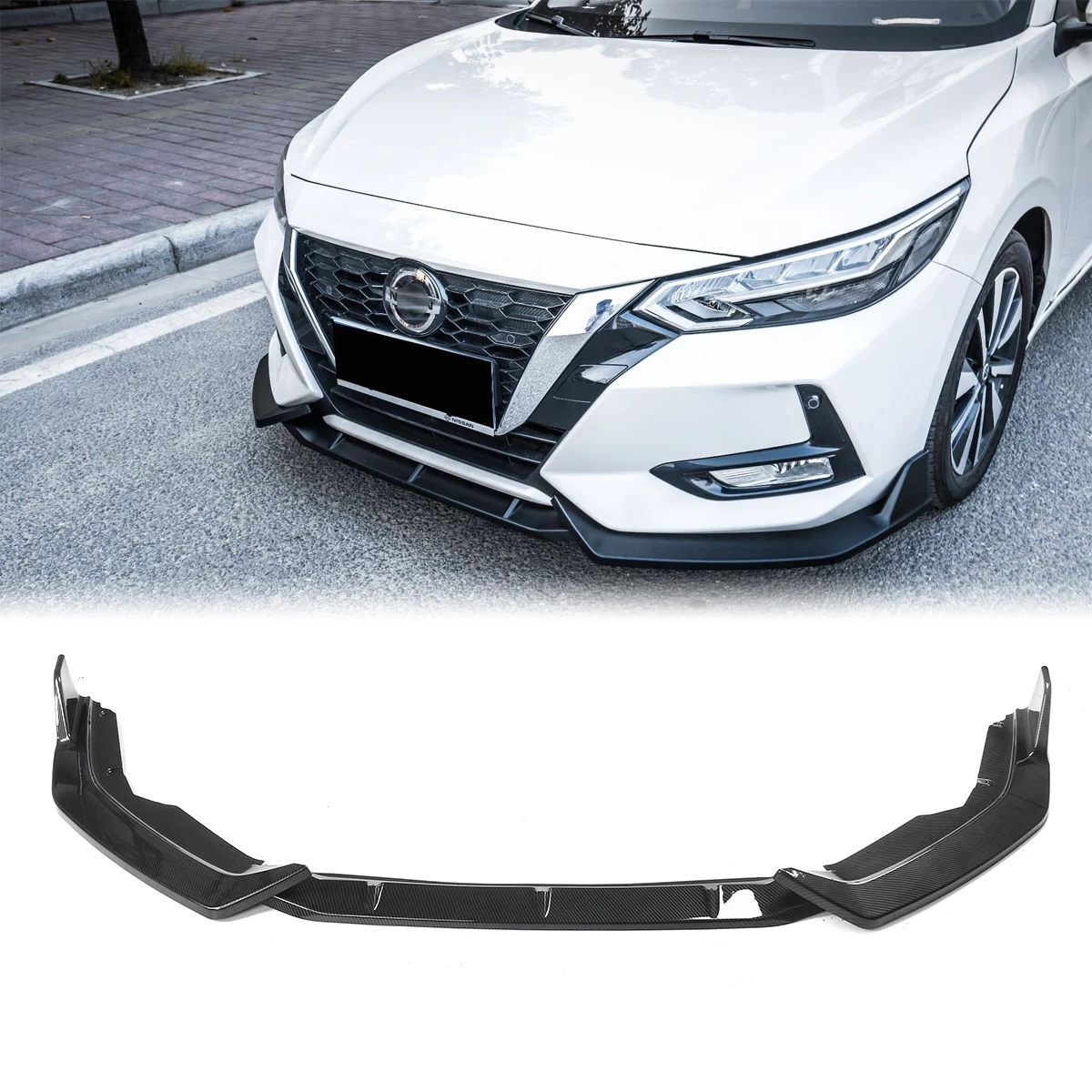 3PCS Front Bumper Splitter Lip Protector Chin Body Kit Spoiler For Nissan Sentra 2020-2021 Car Styling Black Carbon Fiber Look