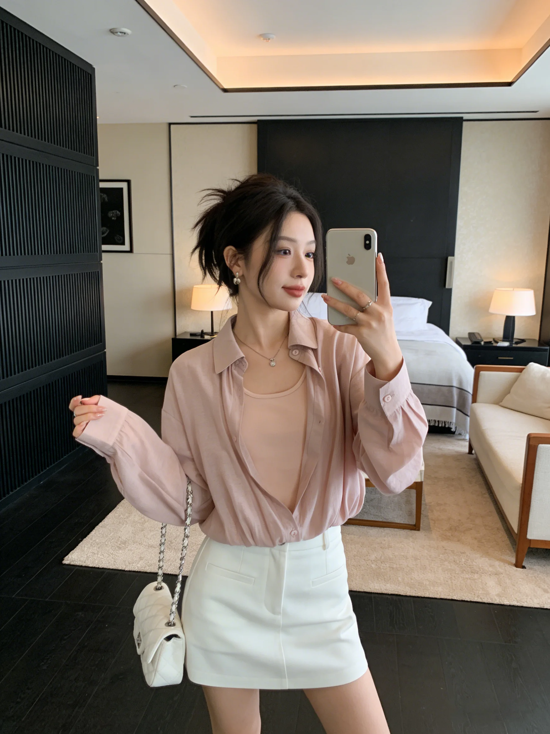 

Sweet Pink ort Casual Vintage irt Korean Sle Fake Two-Piece Spring Summer Anti-Aging Loose Fit Breathable Women's Top