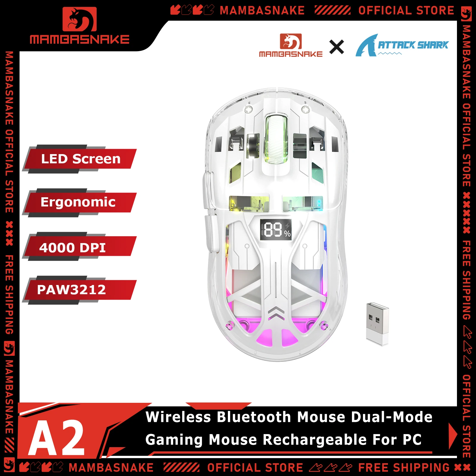 ATTACK SHARK A2 Wireless Bluetooth Mouse Dual-Mode Gaming Mouse Ergonomic Rechargeable Computer Mice for Laptop PC Gamer