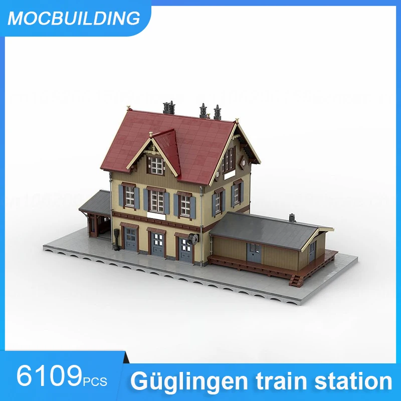 MOC klocki Guglingen Train Station modułowa architektura Model montaż cegieł edukacyjne kreatywne zabawki prezenty 6109 sztuk