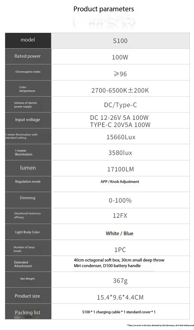 ZSYB S100 LED Video Light 100W Full Color Pocket Light 2700k-6500k Photography Light APP Control Studio Photo Lamp for Youtube