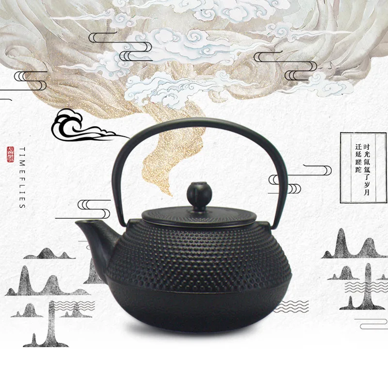 300/1200ml Black Japanese Cast Iron Teapot Iron Kettle Tetsubin Teapot Comes with Strainer Flower Tea Set Decoration Ornament