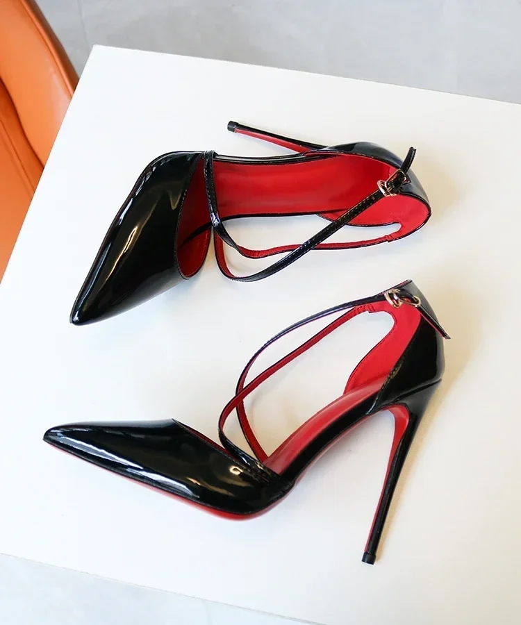 New black ultra light mouth straight strap high heels for women, slim heels, sexy cross straps, red sole sandals, single shoe