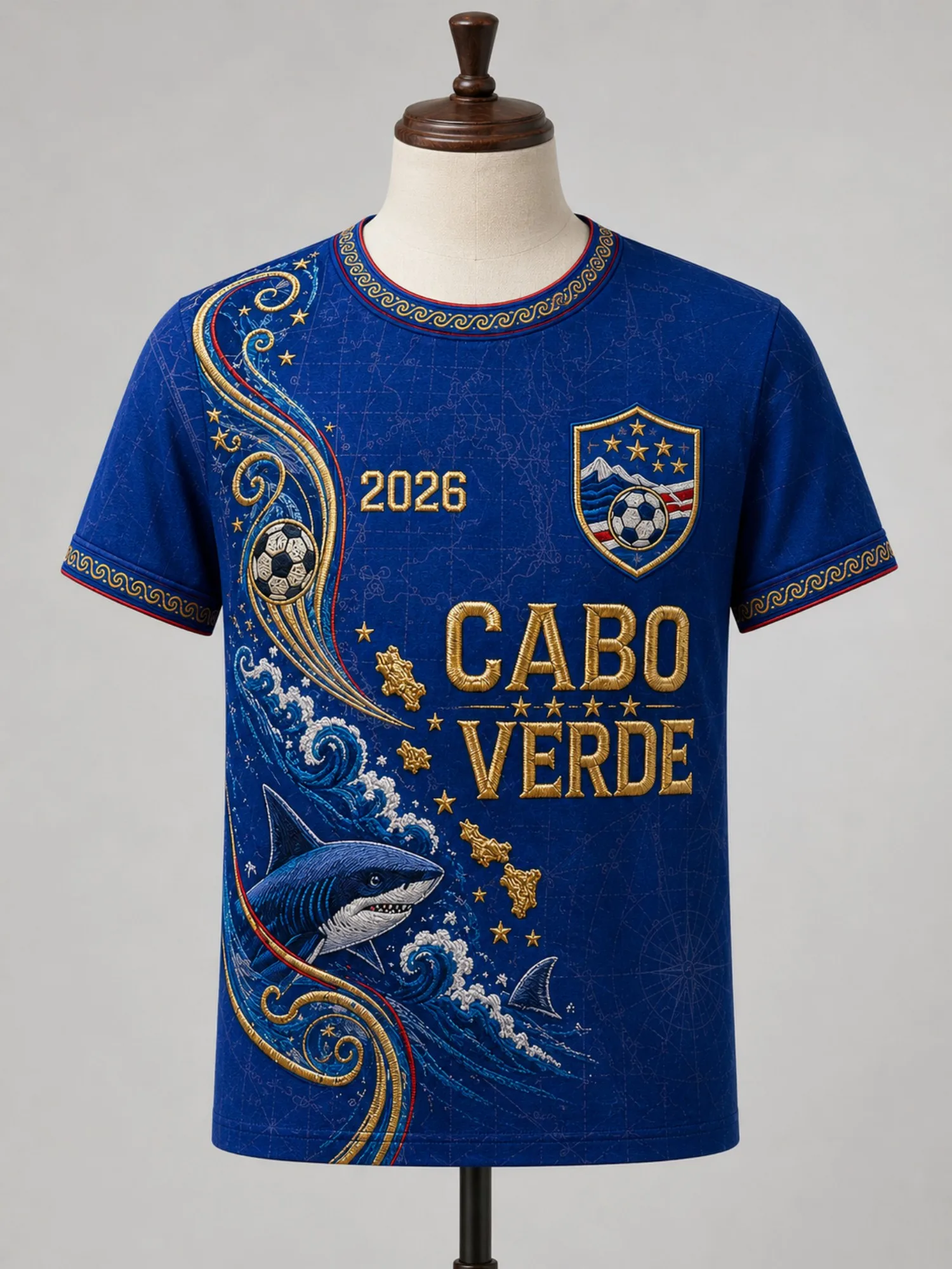 Mens Cabo Verde Crew Neck T Shirt Blue Shark Wave Print Short Sleeve Casual Top Ocean Holiday Summer Style Streetwear Look Beach