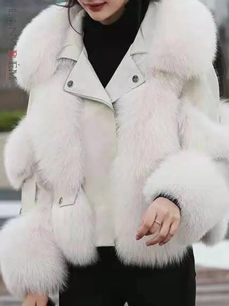 LANMREM Fashion Faux Fox Fur Grass Coat For Women Lapel Zipper Design Contrast Color Coats 2024 Winter New Clothing 2Z2299