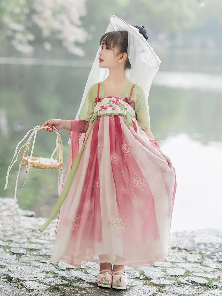 زي هان على الطراز الصيني للفتيات ، زي الأطفال القديم ، فتاة صغيرة ، بدلة تانغ فائقة الجنية ، فستان صيفي ، طفلة صغيرة