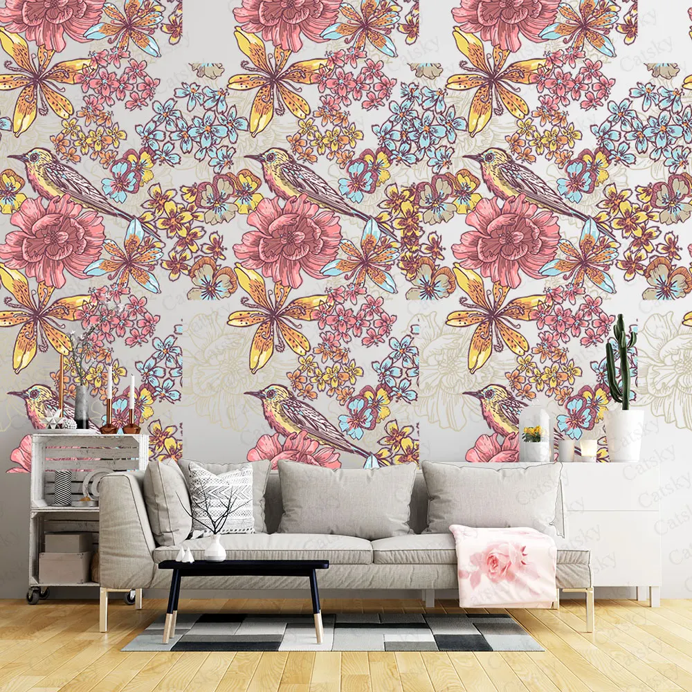 Family Pink Flower and Bird Print Self Adhesive Wallpaper Peel and Stick Bedroom Wallpaper Funitures Cabinet Paper Decoration