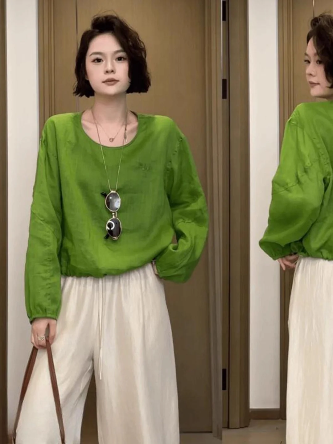 

Dopamine Green round Neck Long Sleeve Shirt Loose Slimming Casual Style Women's Top for Autumn Season Youthful Looking Fashion