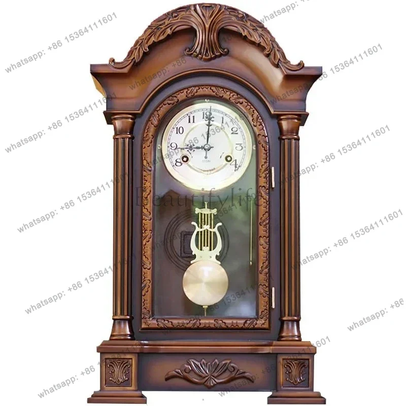 Retro high-end desk clock, solid wood engraving mechanical desk clock, desktop pendulum clock, Polaris core
