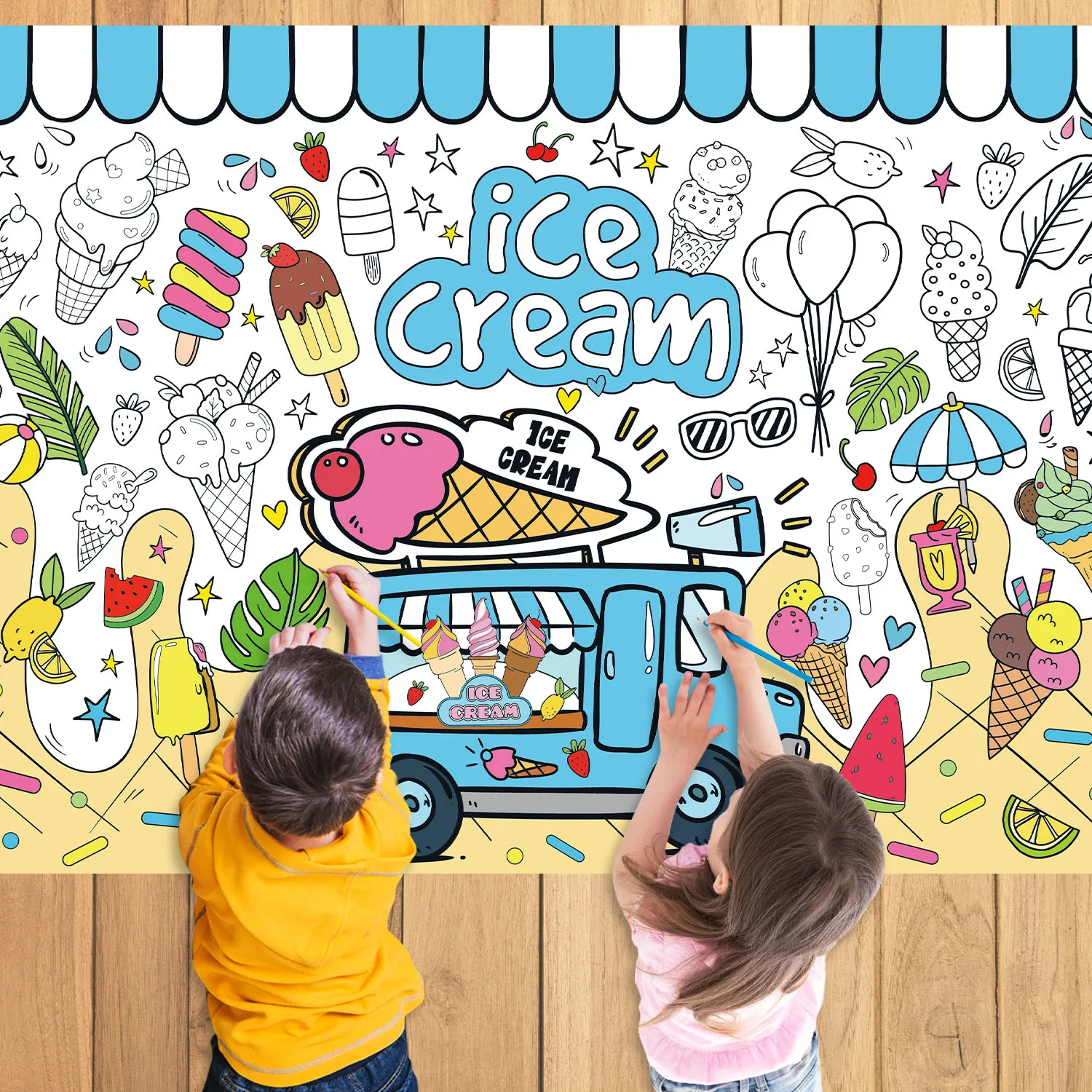 Ice Cream Theme Children's Color Book Color Poster Boys and Girls Large Color Table Cloth Birthday Party Supplies