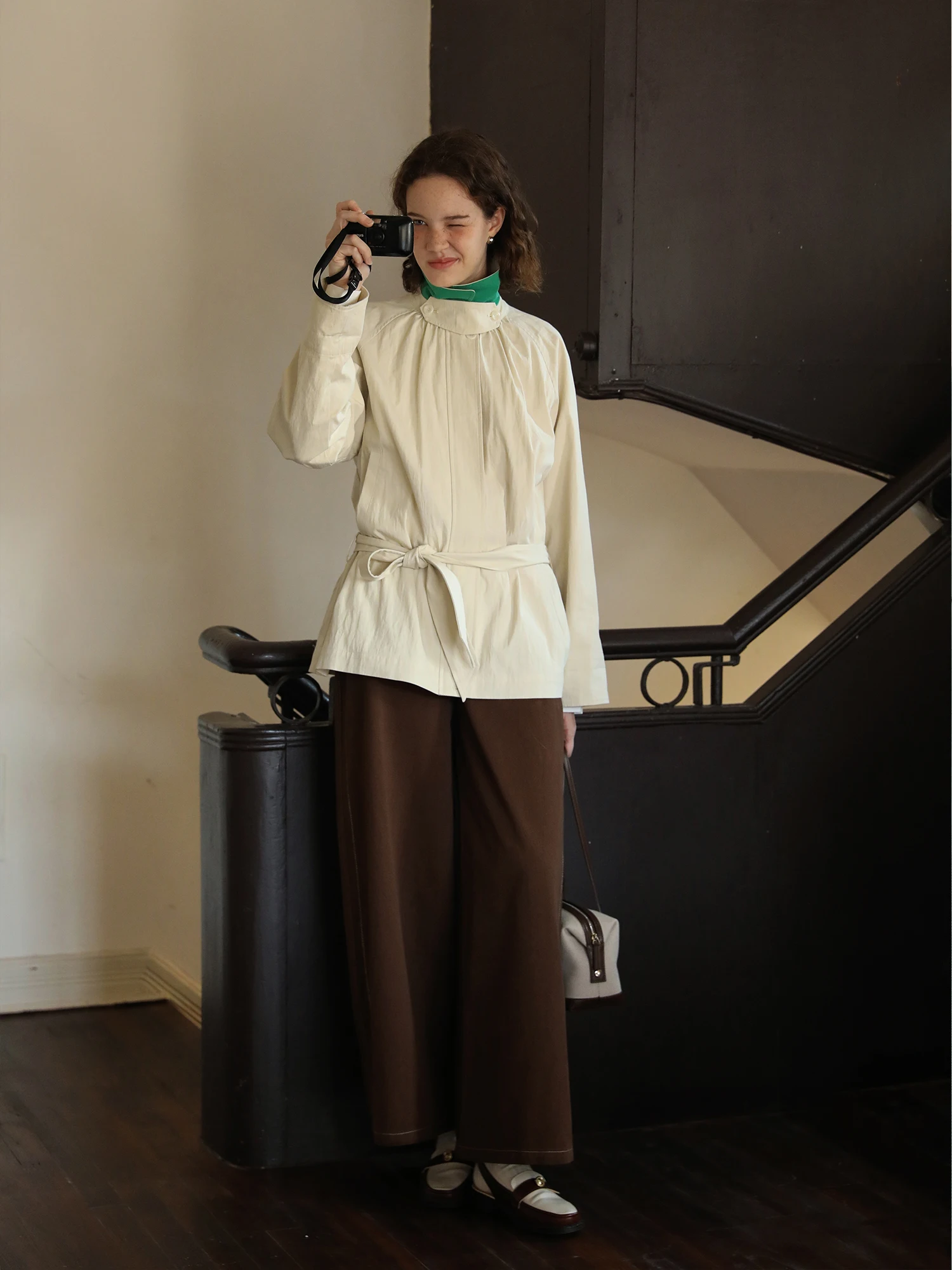 LLANO Color Block Belted Stand Collar Simple Elegance Loose Women's Coat Autumn Winter Cotton Nylon Blend Long Sleeve Midi Coat