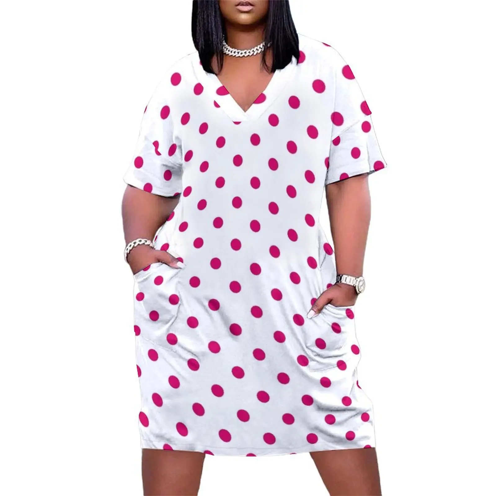 

Medium Dark Hot Pink Polka Dots on White Loose Pocket Dress long dresses for women women"s clothing trend 2024