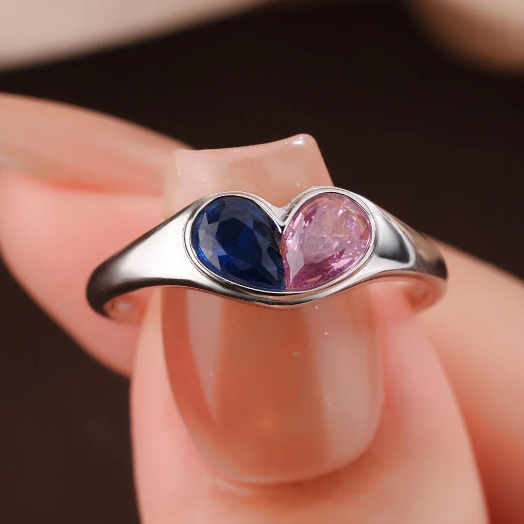 925 Silver Heart Ring for Women Teardrop Blue Pink Crystal Split Heart Gemstone Ring Elegant for Valentine's Day Wedding Party