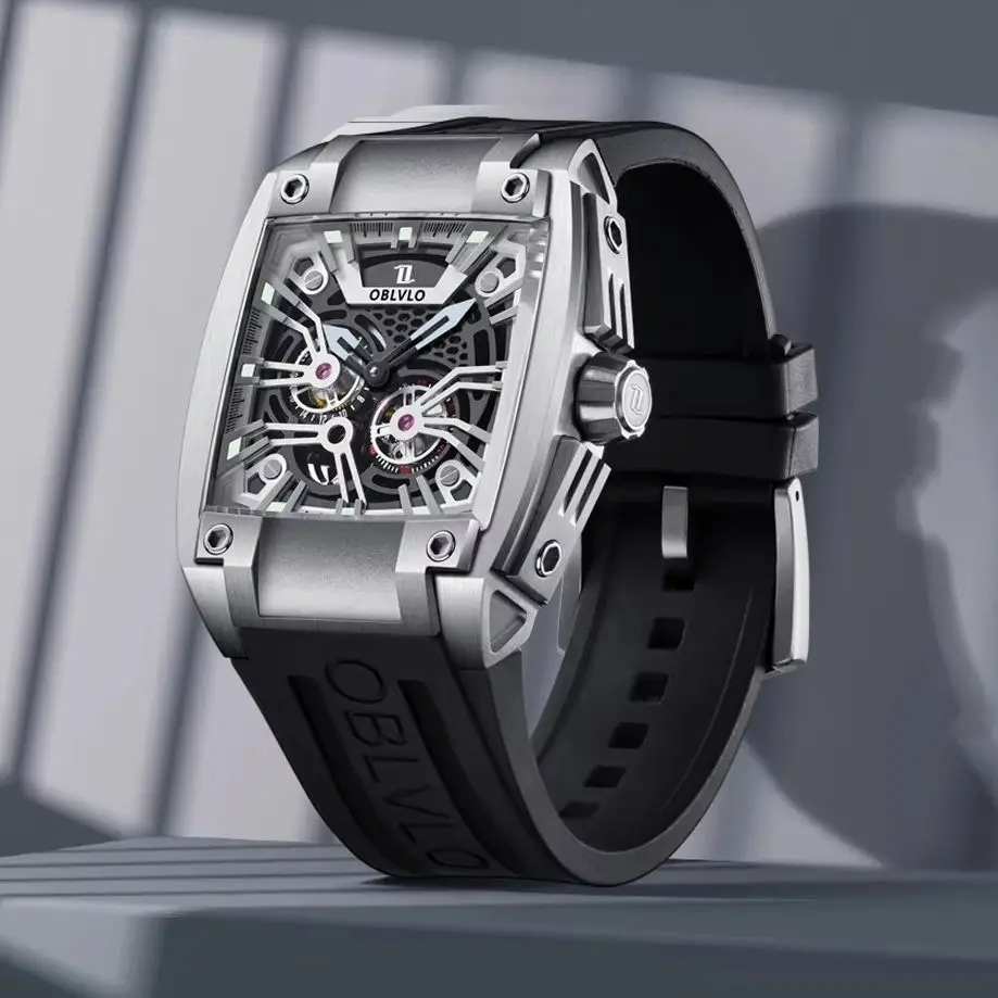 

OBLVLO Men Automatic Watch 44mm Square Mechanical Wristwatch Skeleton Dial 50M Waterproof Rubber Strap Luminous GM