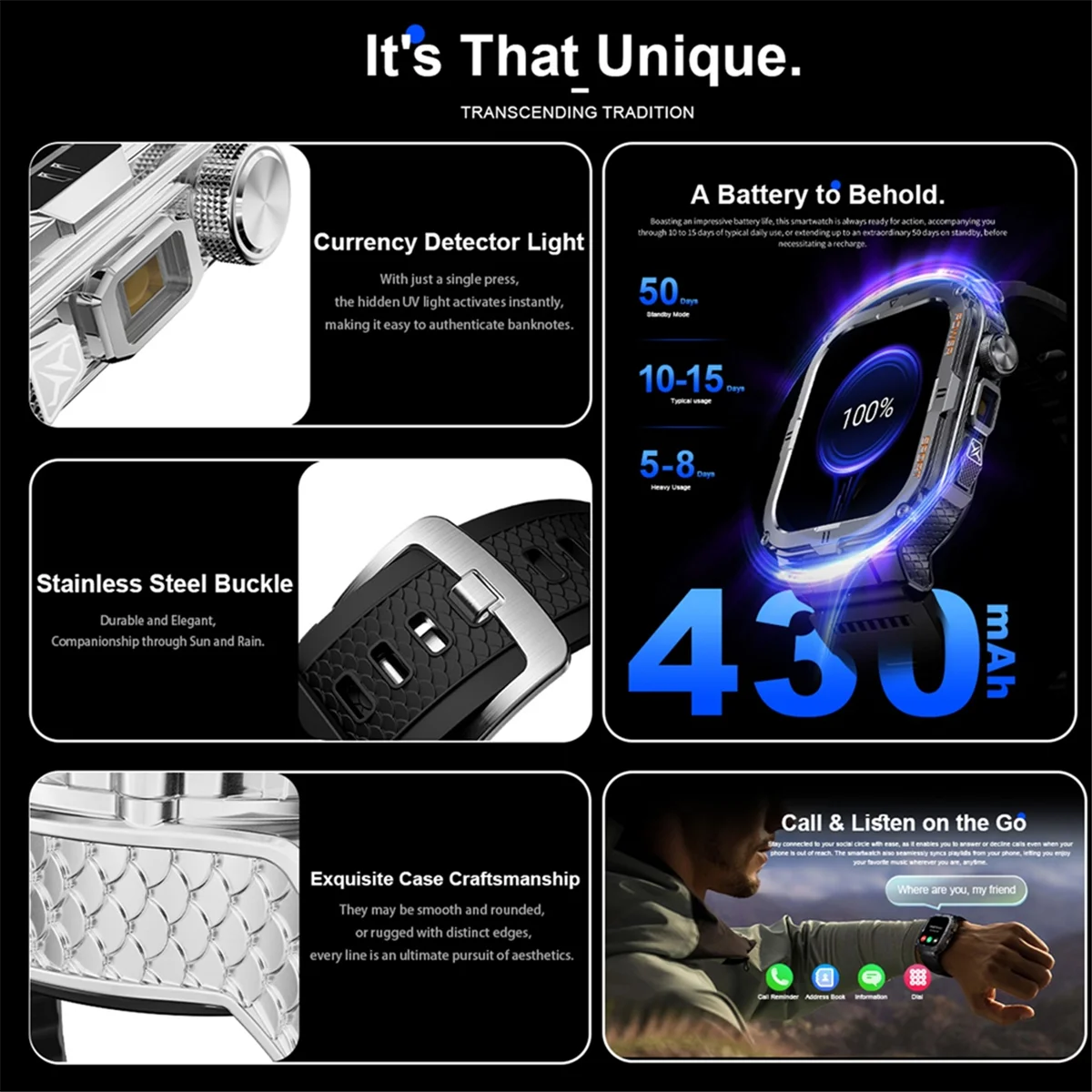 POP-lMen's Smartwatch 블루투스 통화 추적기 스포츠 시계 디지털 피트니스 Smartwatch LED 손전등 실버 실리콘