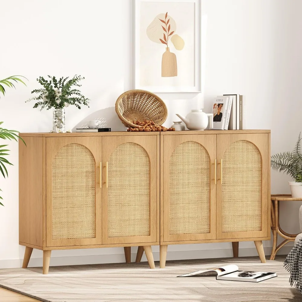 Set of 2 Rattan Storage Cabinet with Doors, Accent Bathroom Floor Cabinet, Modern Sideboard Buffet Cabinet for Living Ro image 4