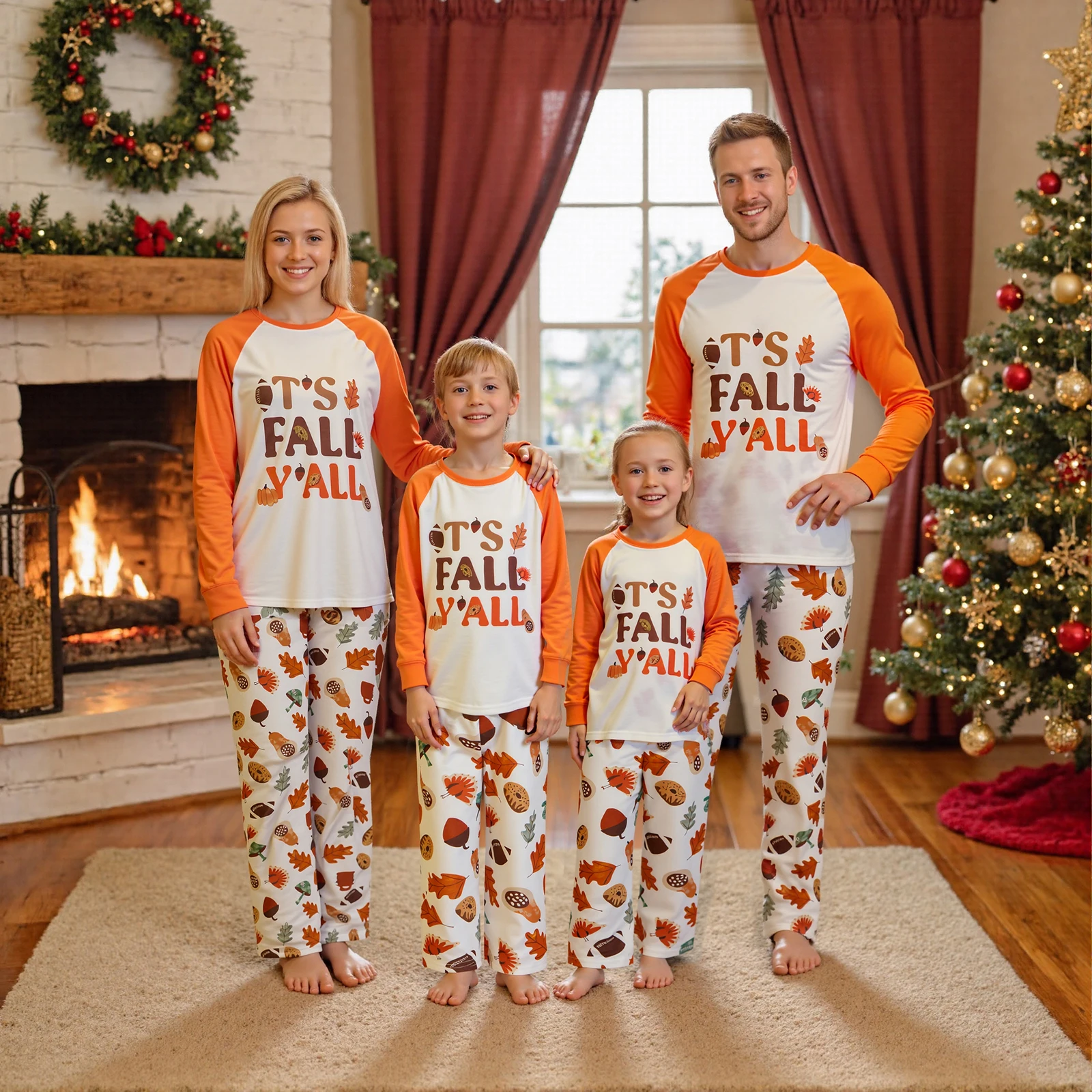 Thanksgiving Family Matching Pajamas Letter Maple Leaf Print Long Sleeves Shirt and Elastic Pants for Loungewear