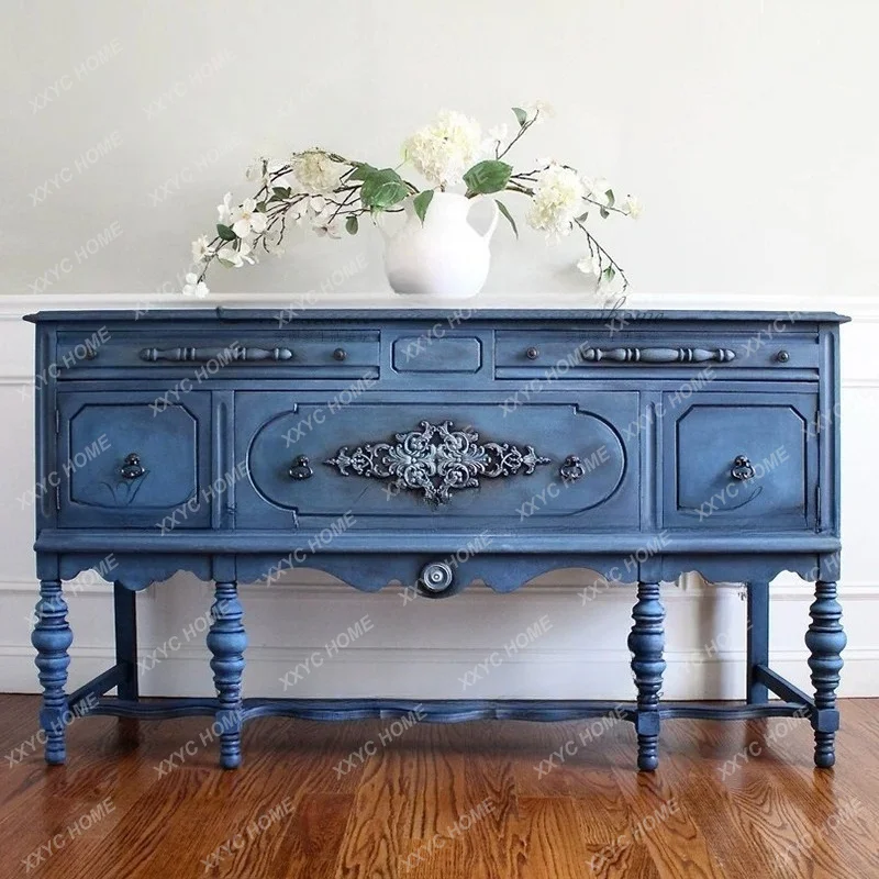 Blue Palace Carved Cabinet Tall Roman Column Sideboard Blue Distressed Storage