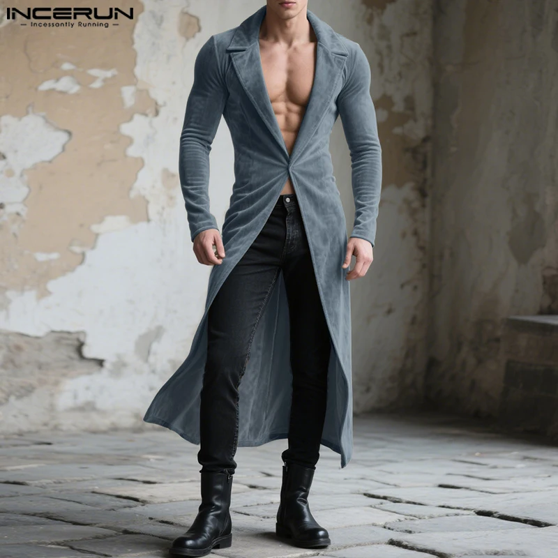 

INCERUN Men Long Style Blazer Solid Color Lapel Long Sleeve Casual Suit Men Streetwear 2025 One Button Fashion Coats Outerwear