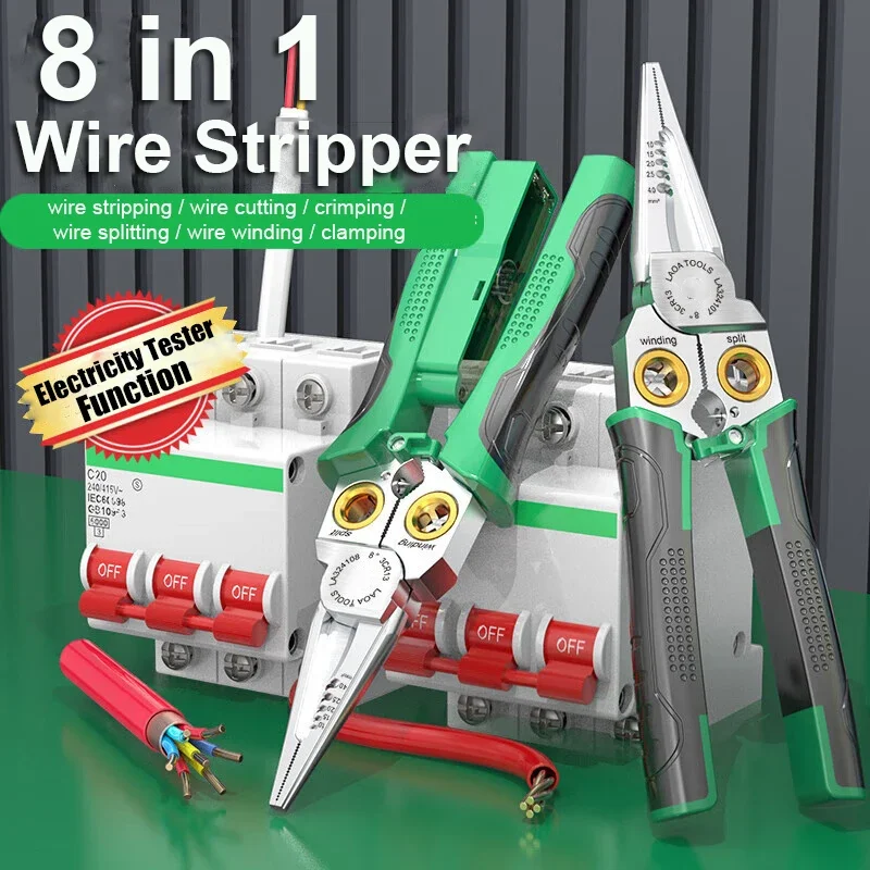 8 in 1 Stainless Steel Wire Stripping Needle Nose Pliers Non-slip Multi-function Wire Stripper with Electricity Tester Function