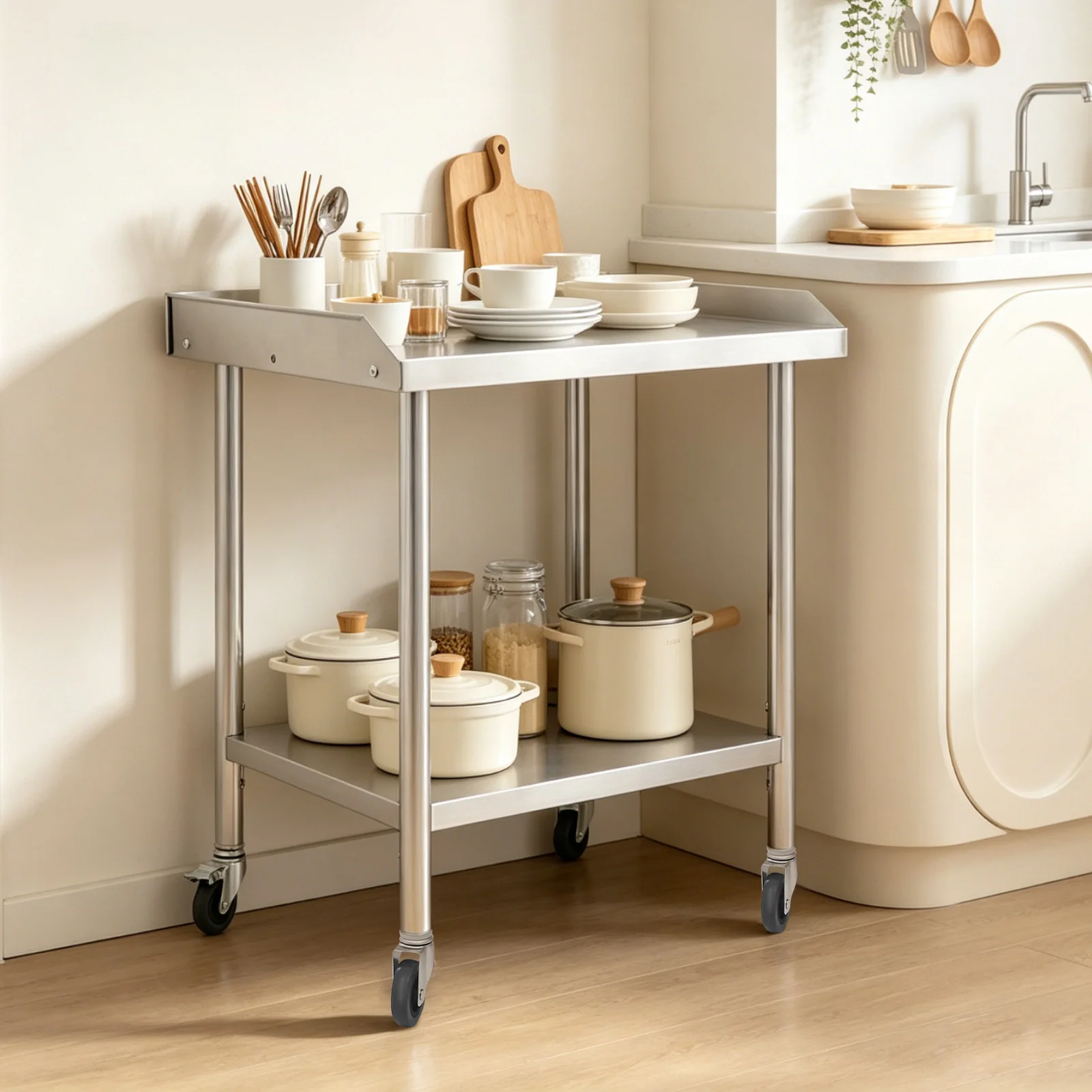 

2-tier Work Table with Wheels, 3 Adjustable Height Levels Stainless Steel Work Table, Commercial Prep Table
