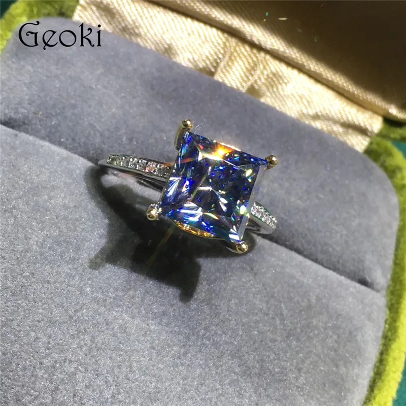 Silver 925 Original 3 Carat Brilliant Cut Diamond Test Past Shiny Square Blue Moissanite Weddng Ring Princess Saphire Jewelry