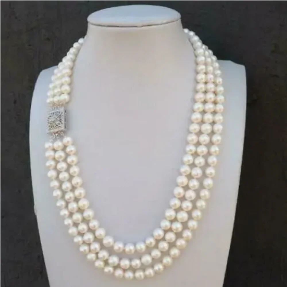 

Charm 3 strands AAA 7-8mm South Sea round white pearl necklace 18 "19" 20 inches 925S