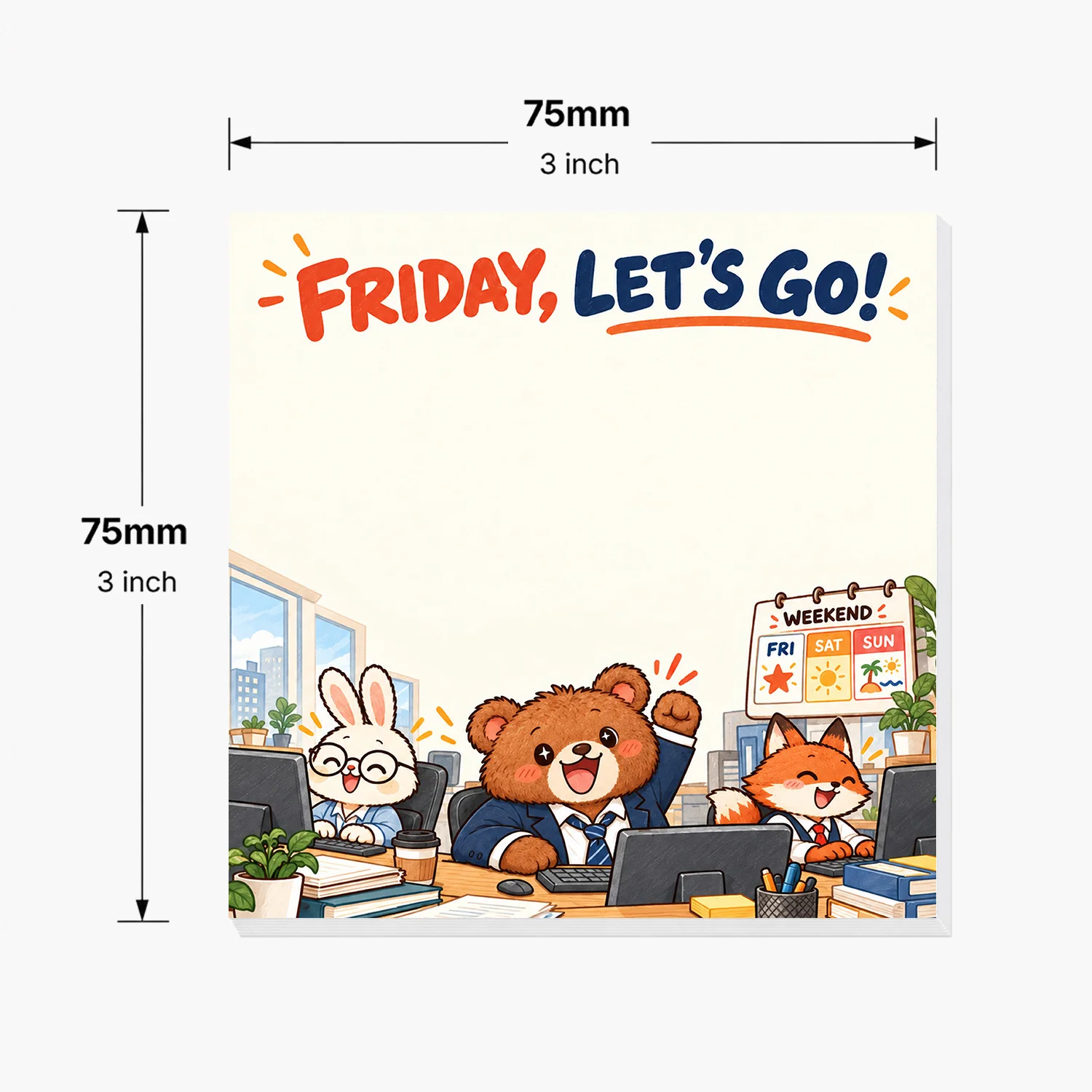 2PCS Friday Let's Go Sticky Notes 100 Sheets Cute Bear Rabbit Fox Weekend Office Humor Cartoon Memo Pads School Stationery